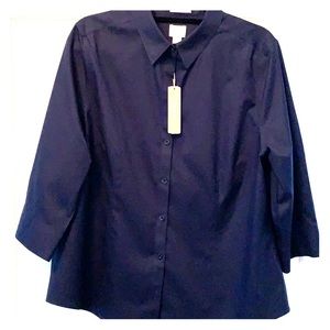 BRAND-NEW-WITH-TAG CHICO’S NAVY BUTTON-DOWN BLOUSE